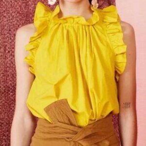Ulla Johnson Tilda Yellow Ruffle Mock Neck Embroidered Cotton Blouse